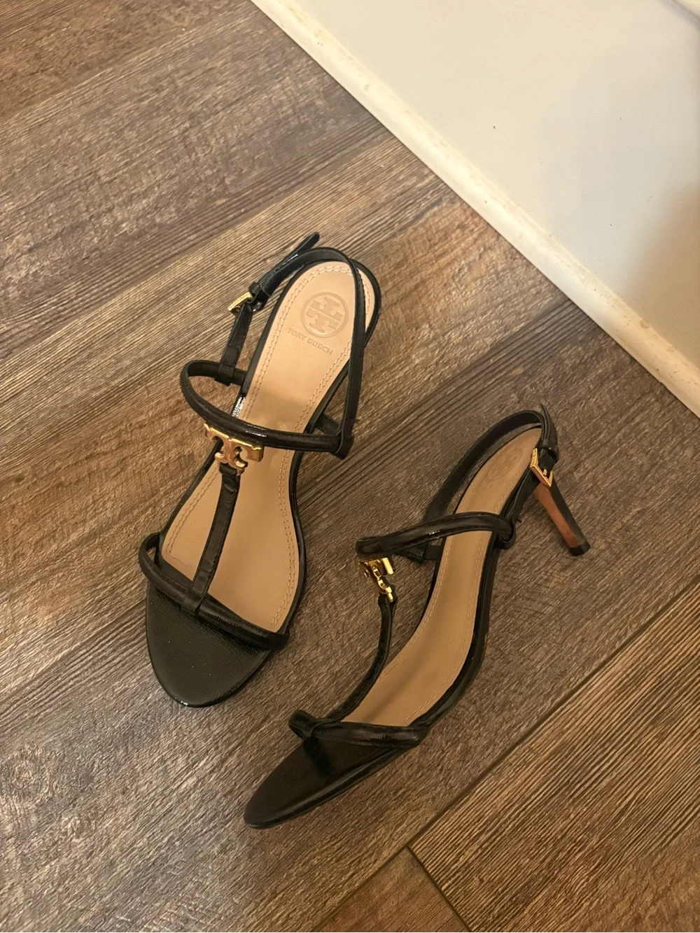 Tory Burch Black Miller T-Strap Leather Heeled Sandals Size 8 1/2
